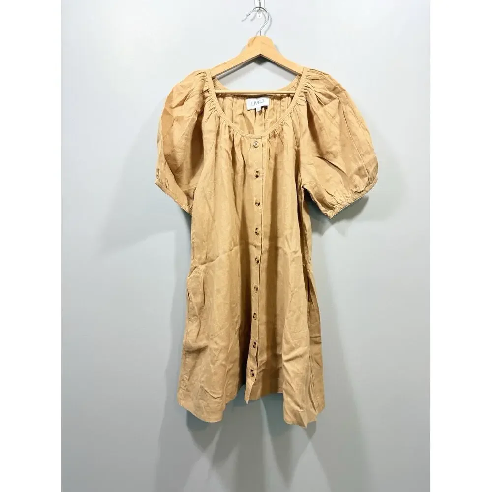 LIVRO Camel 100% Linen Round Neck Button Front Puff Sleeve Shift Dress size XS